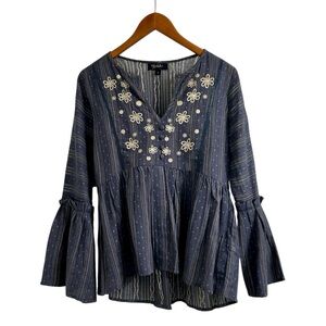 RD + Koko Blue Bell Sleeve Embroidered Tunic, Floral Striped Boho V-Neck, Small